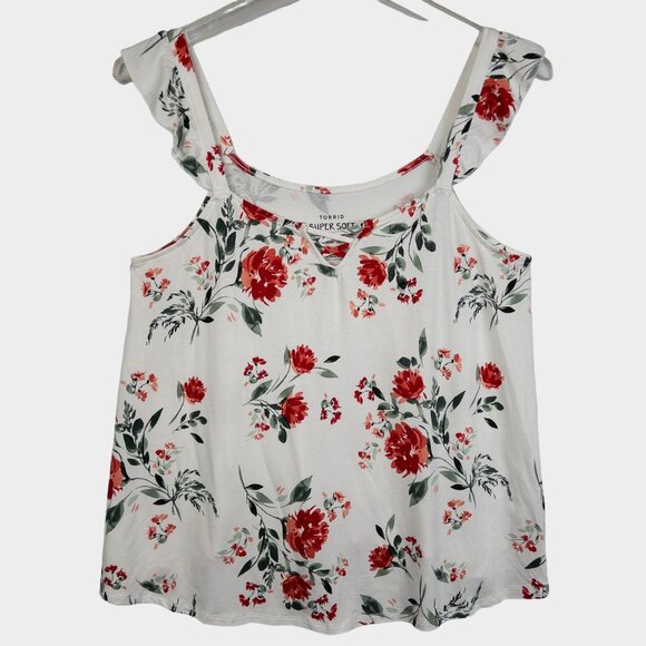 torrid Tops - Torrid Super Soft Knits Ivory Red Floral Ruffle Tank Top Shirt Women's Plus 00